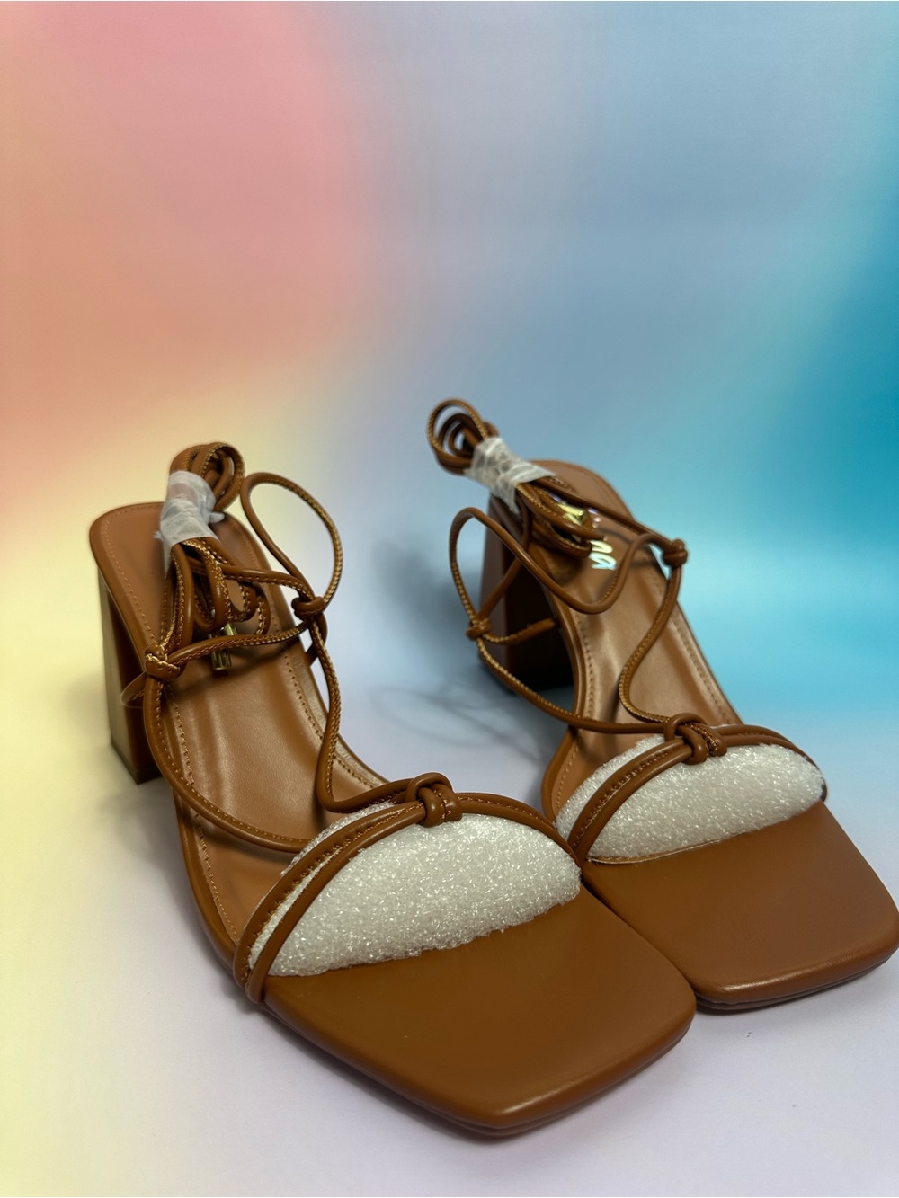 Liliana Brown Square Toe Block Heel Sandals with White Toe Accent